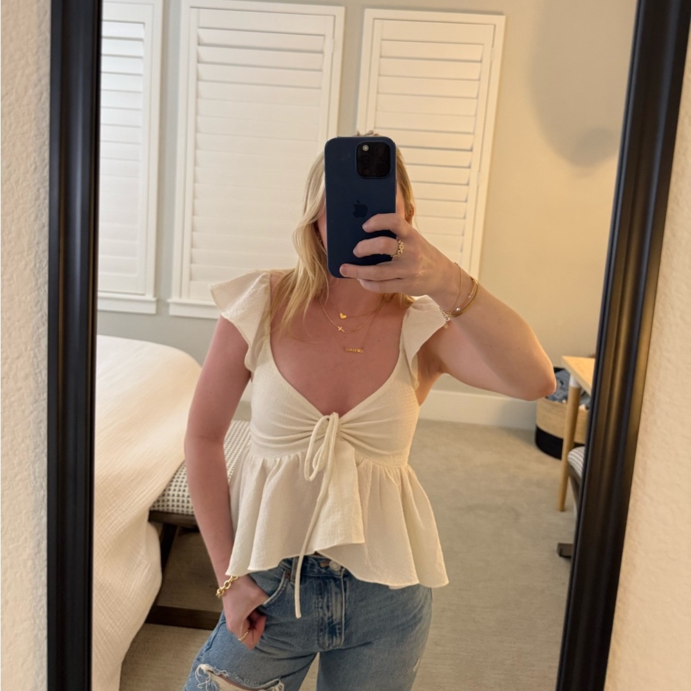 Urban Outfitters Cream Peplum Tie Front Blouse